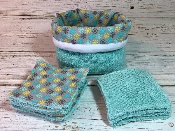 Set of reusable makeup remover wipes with basket