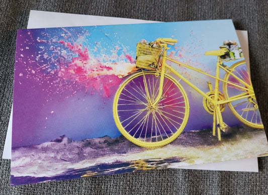 Vélo jaune fond multicolore