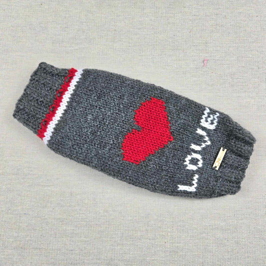 Grey vest with red heart and white love for dog or cat