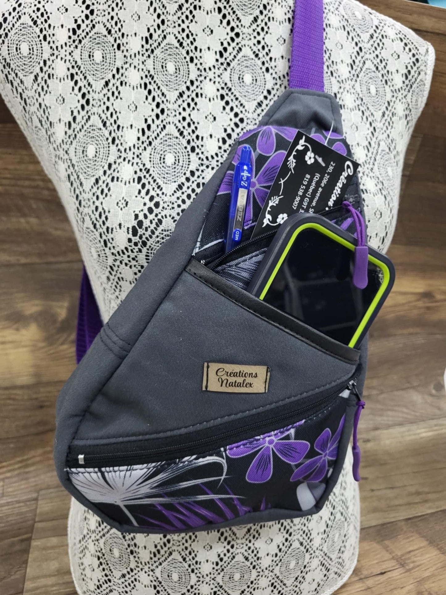 Small chest bag in canvas purple flowers and grey canvas