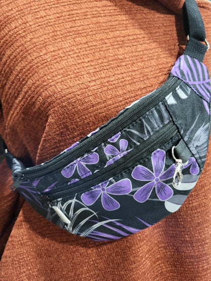 Sac banane en toile noire fleurs violettes et cuir véritable