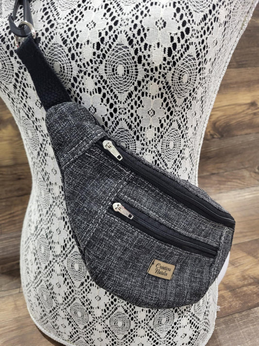 Sac banane en toile effet lin blanc chiné gris anthracite