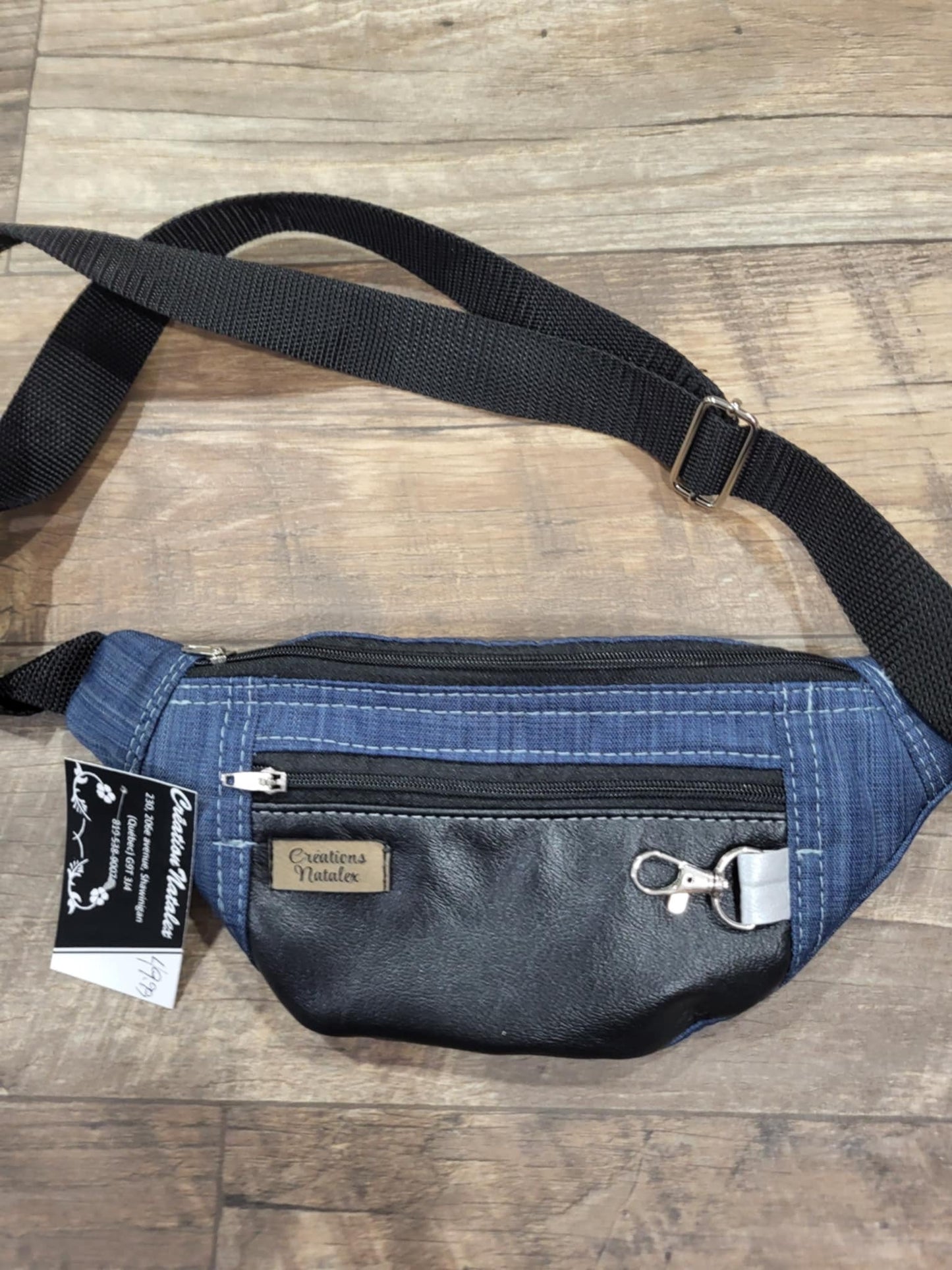 Fanny pack in denim-effect canvas and genuine leather