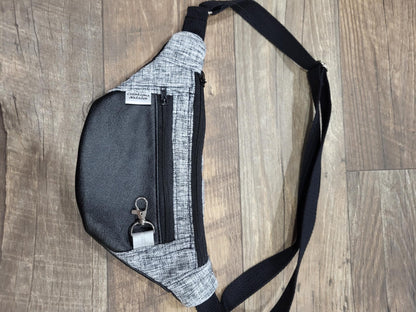 Sac banane en toile effet lin gris clair chiné noir et cuir véritable