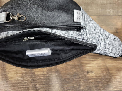 Fanny pack in light grey heather black linen-effect canvas and genuine leather