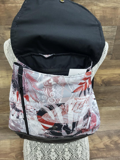 Backpack with red foliage flap and black genuine leather