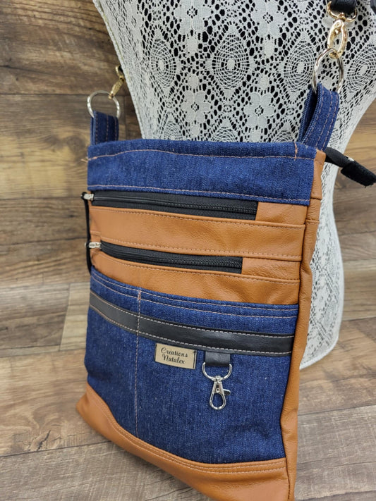 Multi-pocket handbag in jeans and genuine leather tan color