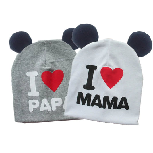 Baby earflap cap, sweet heart, I love mama papa cotton beanie for girls boys with ear bonnet 6 months-3 years