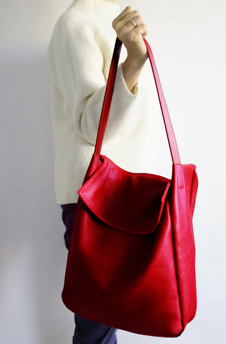 Minimal leather red tote bag