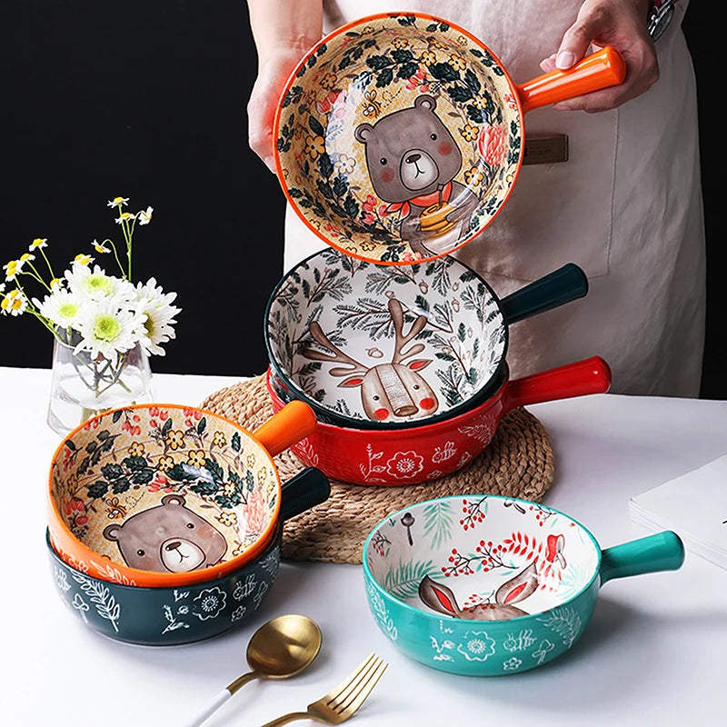 1 Pc Cartoon Forest Animal Design Single Handle Ceramic Bowl Noodle Bowl Large Bowl Creative Restaurant Household Flower Bowl