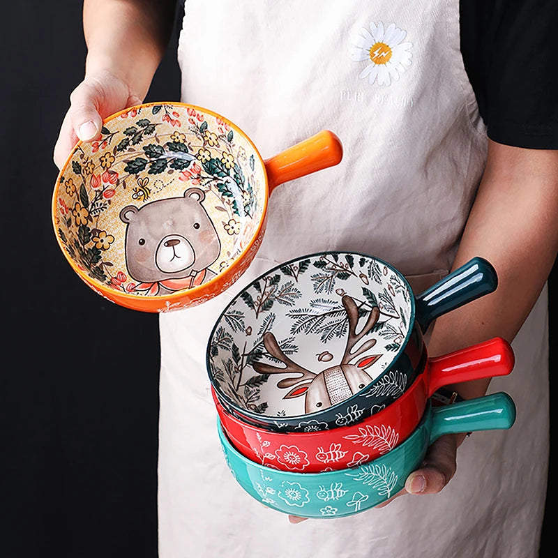 1 Pc Cartoon Forest Animal Design Single Handle Ceramic Bowl Noodle Bowl Large Bowl Creative Restaurant Household Flower Bowl