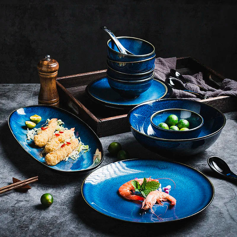 Ensemble de vaisselle en céramique, changement de four bleu japonais, bol de riz, assiette de Restaurant