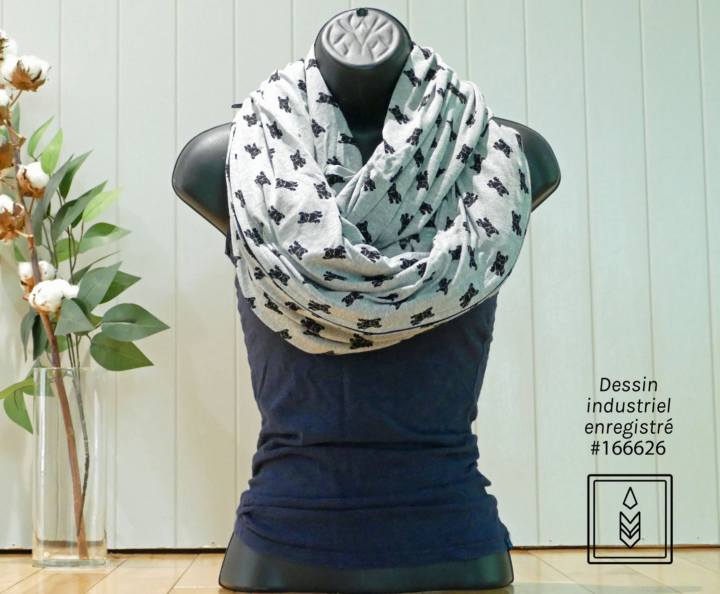 Grey bamboo infinity scarf with dog motifs