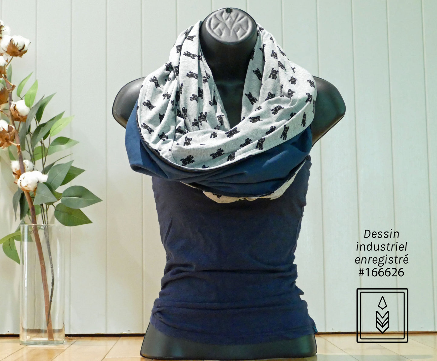 Grey bamboo infinity scarf with dog motifs